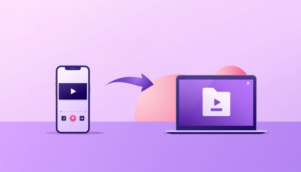 Smartphone showing a video being saved as an MP4 file next to a laptop with a download icon