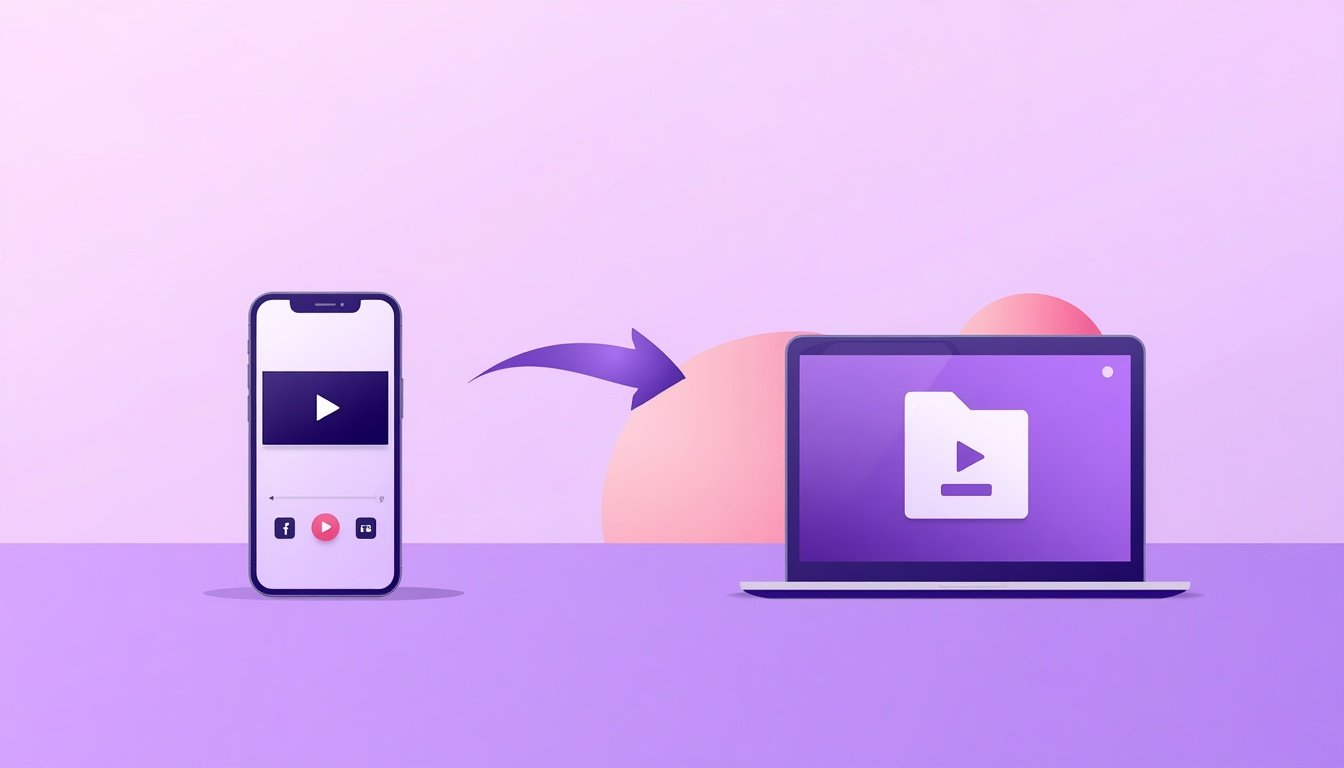 Smartphone showing a video being saved as an MP4 file next to a laptop with a download icon